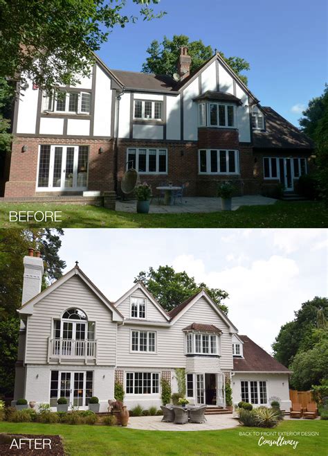 updated tudor exterior before and after|tudor style exterior paint.